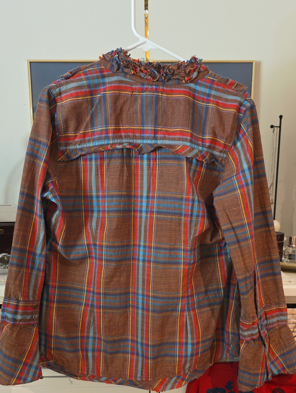 Cino Frayed Ruffle Fringe Plaid Button-Up Shirt Brown Red Blue Large Cotton - Picture 4 of 14